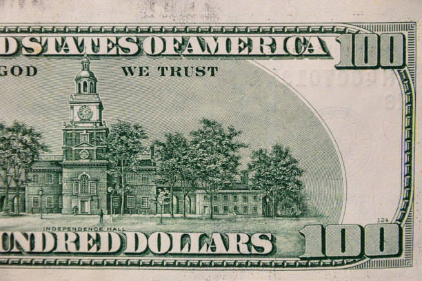 Macro shot of one hundred dollars bill Macro shot of one hundred dollars bill independence hall stock pictures, royalty-free photos & images