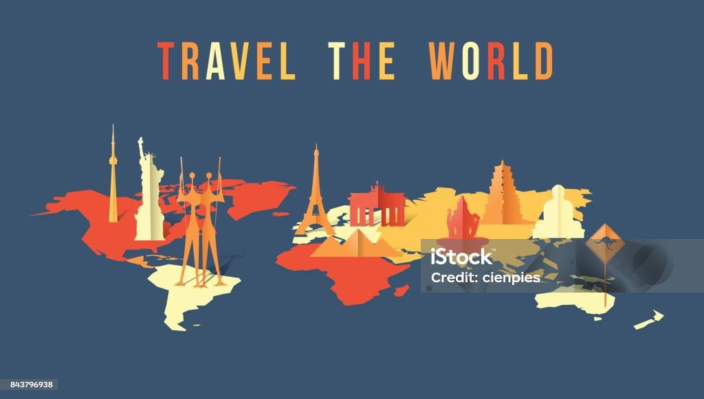 Travel the world paper cut landmark map design Travel the world illustration with map and worldwide landmarks in 3d paper cut style. Includes Eiffel tower, Liberty statue, Giza pyramids. EPS10 vector. World Map stock vector