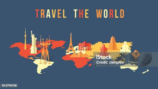 Travel The World Paper Cut Landmark Map Design Stock Illustration - Download Image Now - World Map, Globe - Navigational Equipment, Map