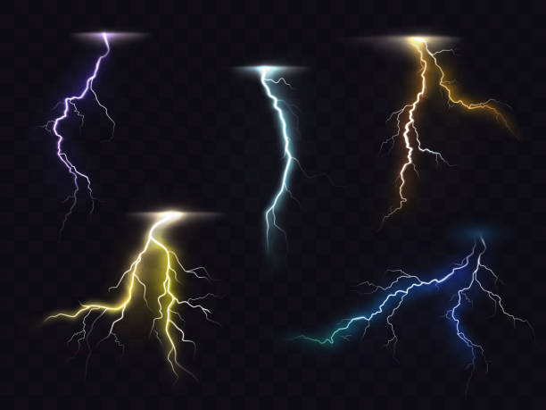 illustrazioni stock, clip art, cartoni animati e icone di tendenza di set vettoriale di effetti luminosi luminosi lampeggianti lampo - thunderstorm