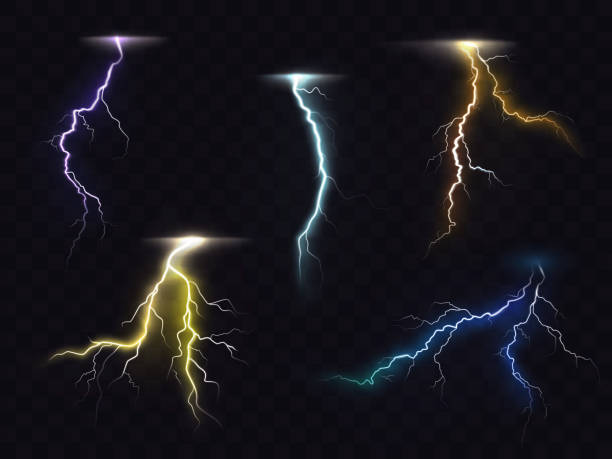 ilustrações de stock, clip art, desenhos animados e ícones de lightning flash glowing light effects vector set - thunderstorm