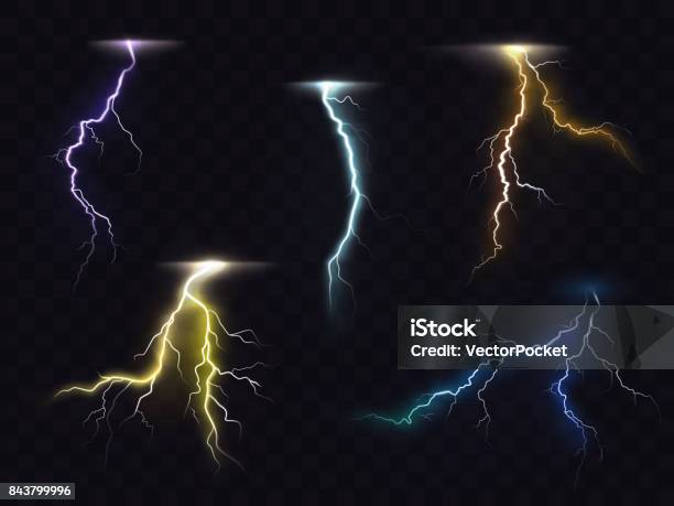 Lightning Flash Glowing Light Effects Vector Set Stock Illustration - Download Image Now - Lightning, Thunderstorm, Yellow