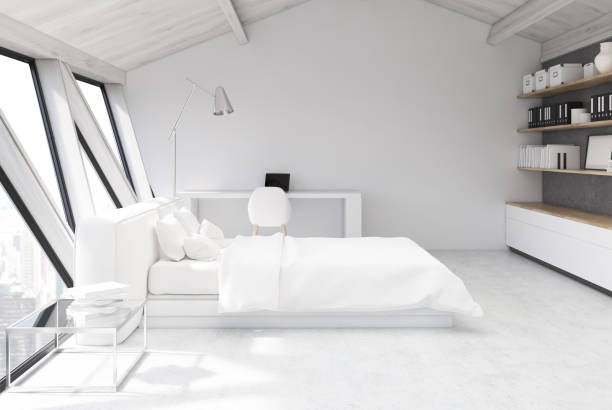 istock White bedroom in an attic, side view 843804208