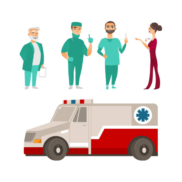 ilustrações de stock, clip art, desenhos animados e ícones de vector flat doctor nurse surgeon ambulance car set - chemical set car men