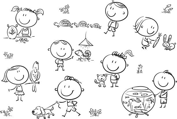ilustrações, clipart, desenhos animados e ícones de crianças e animais de estimação - dog domestic cat pets cartoon