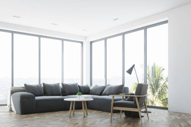 istock White living room interior with a gray sofa, side 843816954