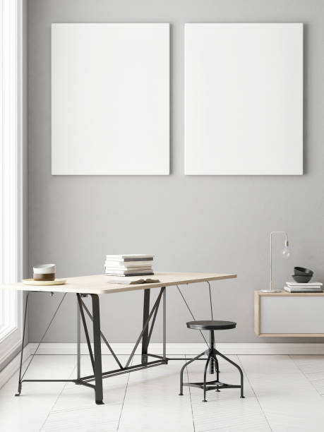 istock Office with two posters on gray wall, 3d illustration 843824014