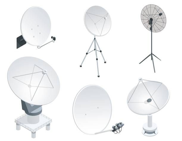 아이소메트릭은 화이트에 위성 접시 안테나를 설정합니다. 무선 통신 장비입니다. - radio telescope stock illustrations