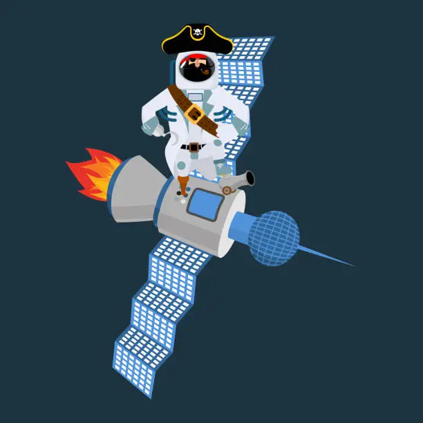 Vector illustration of Space pirate on satellite. filibuster spaceman. buccaneer Cosmonaut in protective suit. rover astronaut in helmet. Eye patch and smoking pipe. pirates cap. Bones and Skull