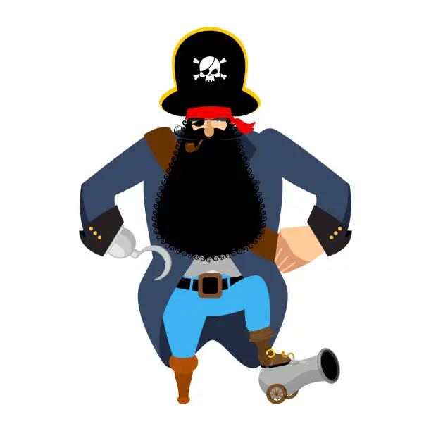 Vector illustration of Ppirate Hook and cannon. Eye patch and smoking pipe. filibuster cap. Bones and Skull. Head corsair black beard. buccaneer Wooden foot