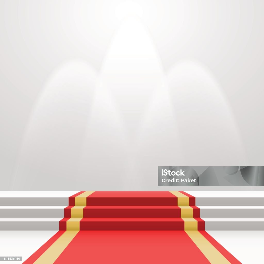 Red carpet on stairs Red carpet on stairs. Empty white illuminated podium. Blank template illustration with space for an object, person, logo, text. Presentation, gala, ceremony, awards concept. Red Carpet Event stock vector
