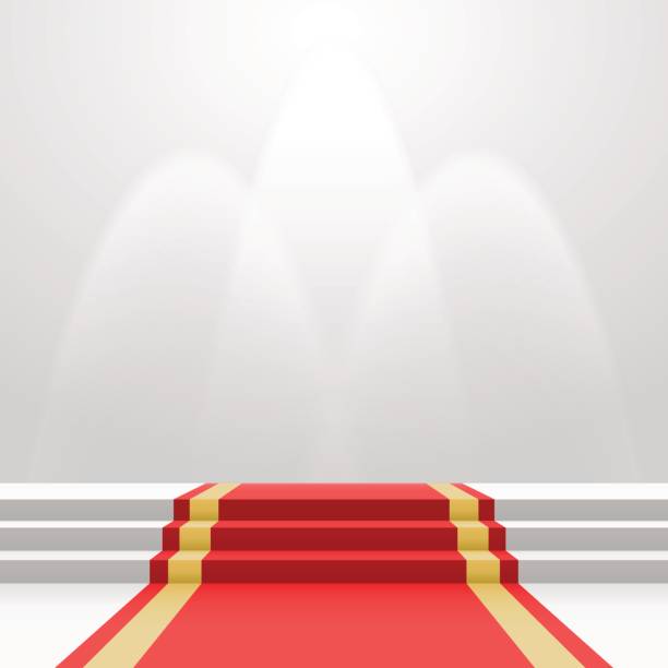 Red carpet on stairs Red carpet on stairs. Empty white illuminated podium. Blank template illustration with space for an object, person, logo, text. Presentation, gala, ceremony, awards concept. red carpet staircase stock illustrations