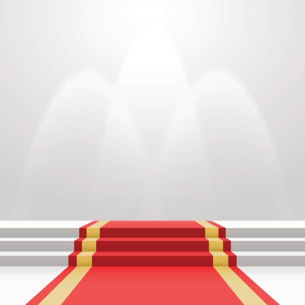 Red carpet on stairs Red carpet on stairs. Empty white illuminated podium. Blank template illustration with space for an object, person, logo, text. Presentation, gala, ceremony, awards concept. red carpet stock illustrations