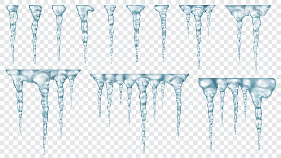 Set of translucent light blue icicles on transparent background. Transparency only in vector file