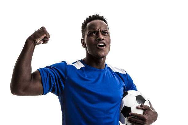 istock Fan / Sport Player on blue uniform celebrating on white background 843850906
