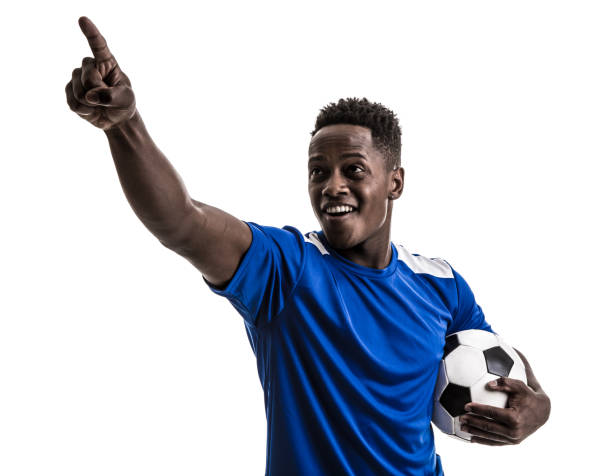 istock Fan / Sport Player on blue uniform celebrating on white background 843850910