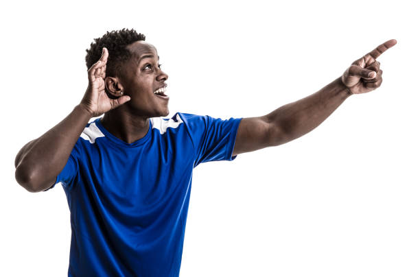 istock Fan / Sport Player on blue uniform celebrating on white background 843850920