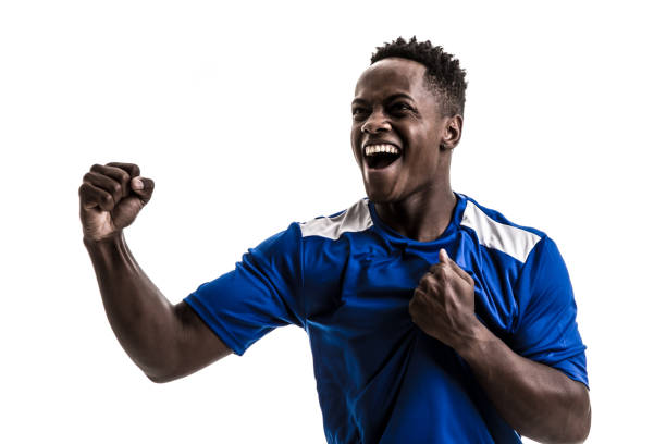 istock Fan / Sport Player on blue uniform celebrating on white background 843853312
