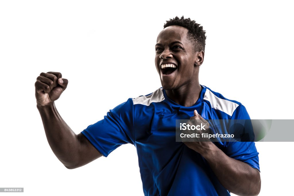 Fan / Sport Player on blue uniform celebrating on white background Sport collection Fan - Enthusiast Stock Photo