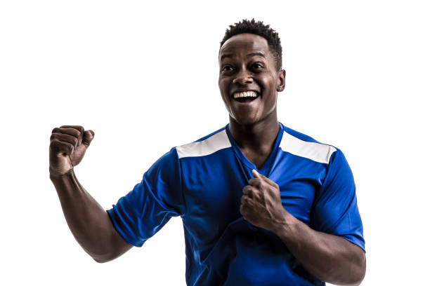 istock Fan / Sport Player on blue uniform celebrating on white background 843853568