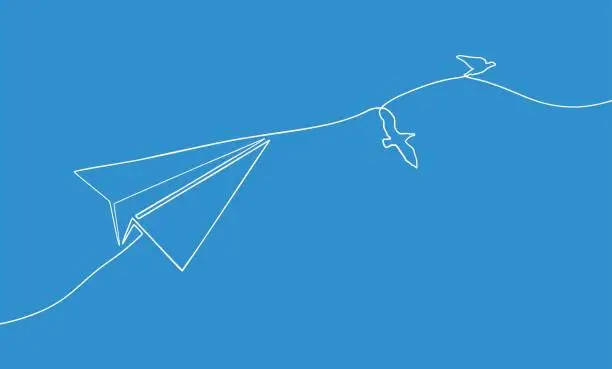 Vector illustration of One line drawing of flying paper airplane for finance and business concept