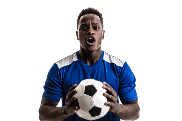 istock Fan / Sport Player on blue uniform celebrating on white background 843853906