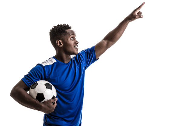 istock Fan / Sport Player on blue uniform celebrating on white background 843856290
