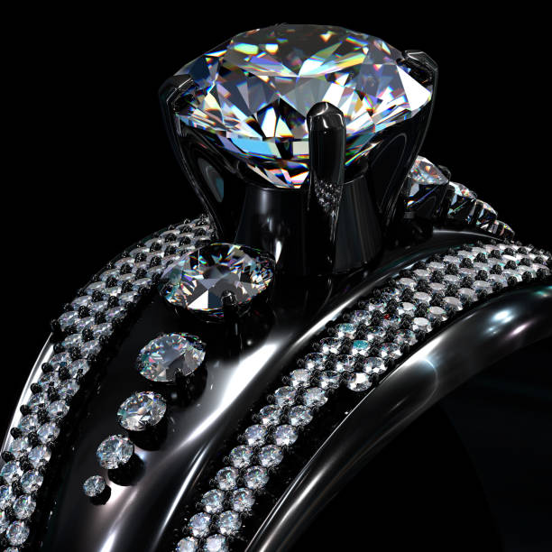 Black gold coating engagement ring with diamond gem. stock photo