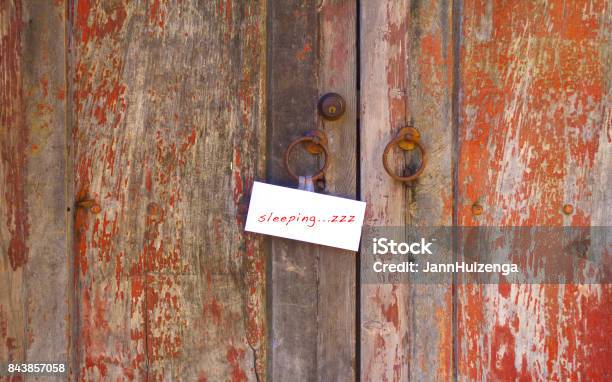 Sleepingzzz Note On Old Weathered Red Doors Stock Photo - Download Image Now - Sleeping, Antique, Beauty