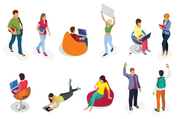 Vector illustration of Isometric set of students with gadgets and books. Isometric young people, teenagers and students. Learning, education and school concept. on white background isolated.