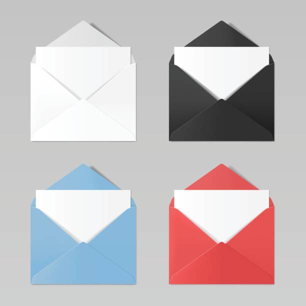 ilustraciones, imágenes clip art, dibujos animados e iconos de stock de conjunto de maqueta realista de sobres de color blanco: blanco, negro, azul, rojo - envelope