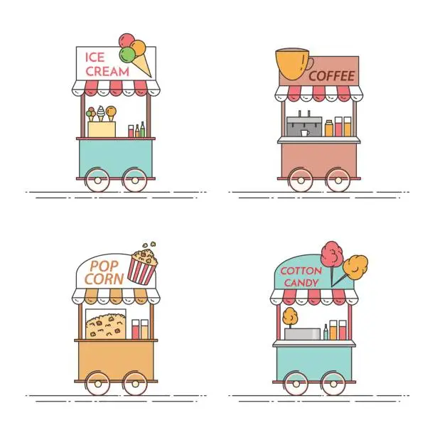 Vector illustration of City elements of coffee, popcorn, ice cream, cotton candy trucks. Cart on wheels. Food and drink kiosk .