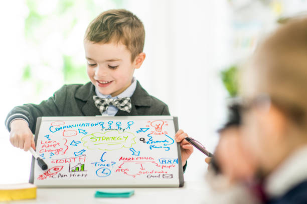 Business Ideas A multi-ethnic group of elementary children are indoors in an office space. They are dressed in formal clothing, pretending to be business-people. A Caucasian boy is displaying a whiteboard with business ideas written on it. kids using smart board stock pictures, royalty-free photos & images