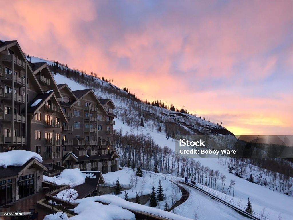 Snow resort A sun setting on a beautiful mountain resort Deer Valley Resort Stock Photo