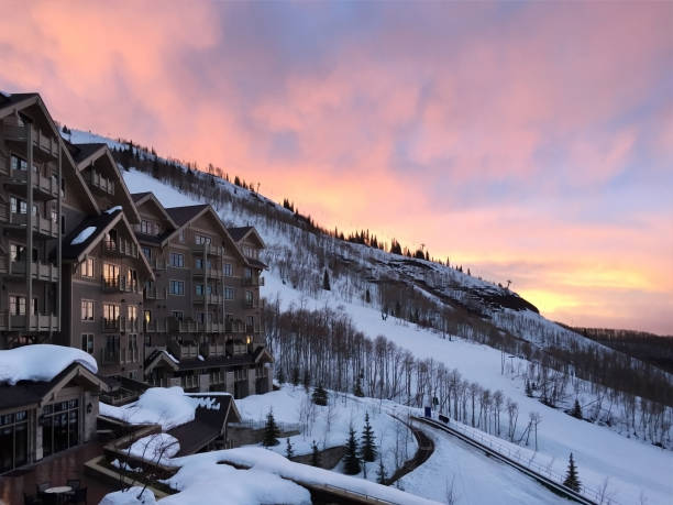 Snow resort A sun setting on a beautiful mountain resort ski resort stock pictures, royalty-free photos & images