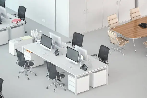 Interior of a modern office space from high angle view.