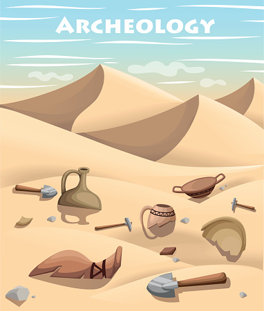Archeology and paleontology concept archaeological excavation Web site page and mobile app design vector element. ancient history achaeologists unearth ancient artifacts vector illustration.