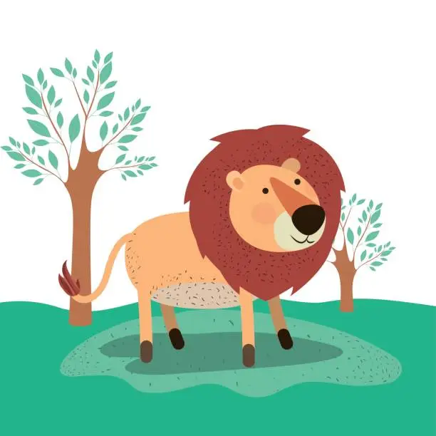 Vector illustration of lion animal caricature in forest landscape background