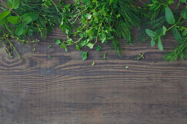 istock Mix of fresh herbs on wooden background. 843889092