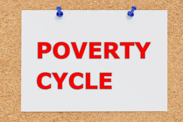 Render illustration of POVERTY CYCLE script on cork board. Social concept.