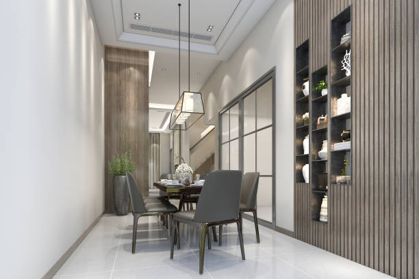istock 3d rendering modern nice wood restaurant and dining zone near shelf decor 843892884