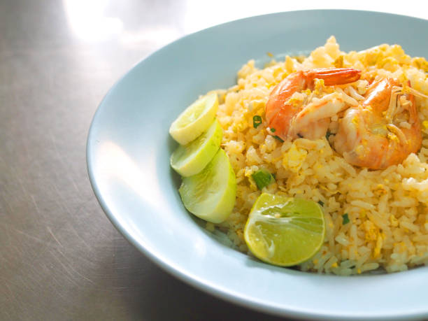 istock Thai local stir fried Jasmine rice with egg and shrimps, perspective 843896220
