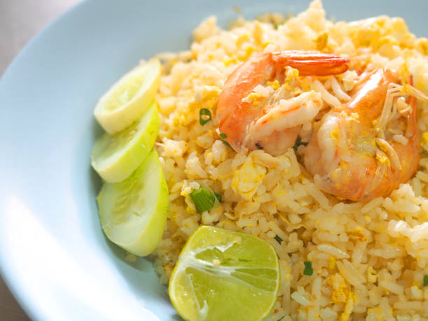 istock Thai local stir fried Jasmine rice with egg and shrimps, close up shot 843896228