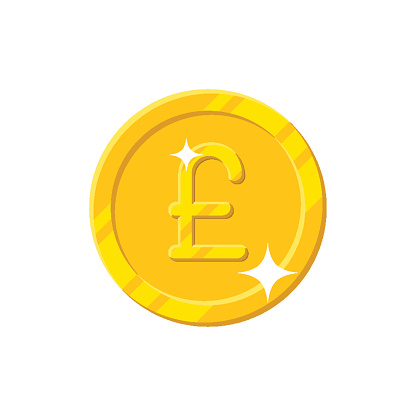 Gold pound coin cartoon style isolated. Shiny gold pound sign for designers and illustrators. Gold piece in the form of a vector illustration