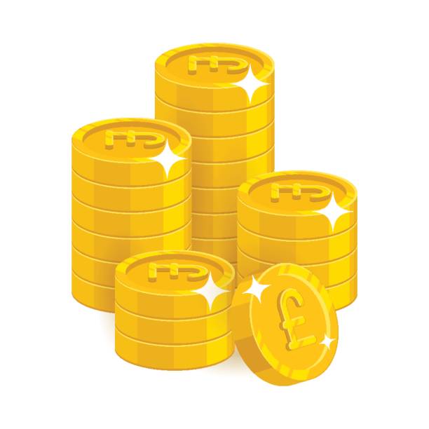 Stack gold pounds isolated cartoon Stack gold pounds isolated cartoon. Bunches of gold pounds and pound signs for designers and illustrators. Gold stacks of pieces in the form of a vector illustration one pound coin stock illustrations