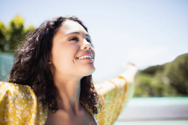 istock Happy brunette with arms overstretched 843909610