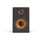 3d rendering of a large black stereo box with two round speakers on white background