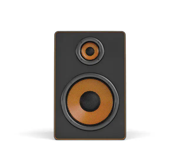 Photo of 3d rendering of a large black stereo box with two round speakers on white background