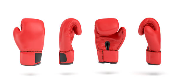 3d рендеринга красной правой боксерской перчатке в четырех различных видов угла - sports glove protective glove equipment protection стоковые фото и изображения