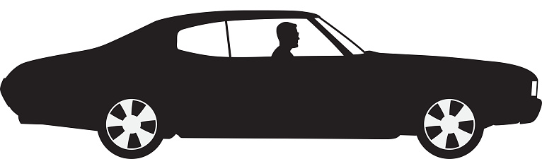 Vector illustration of a man driving a large retro styled car.